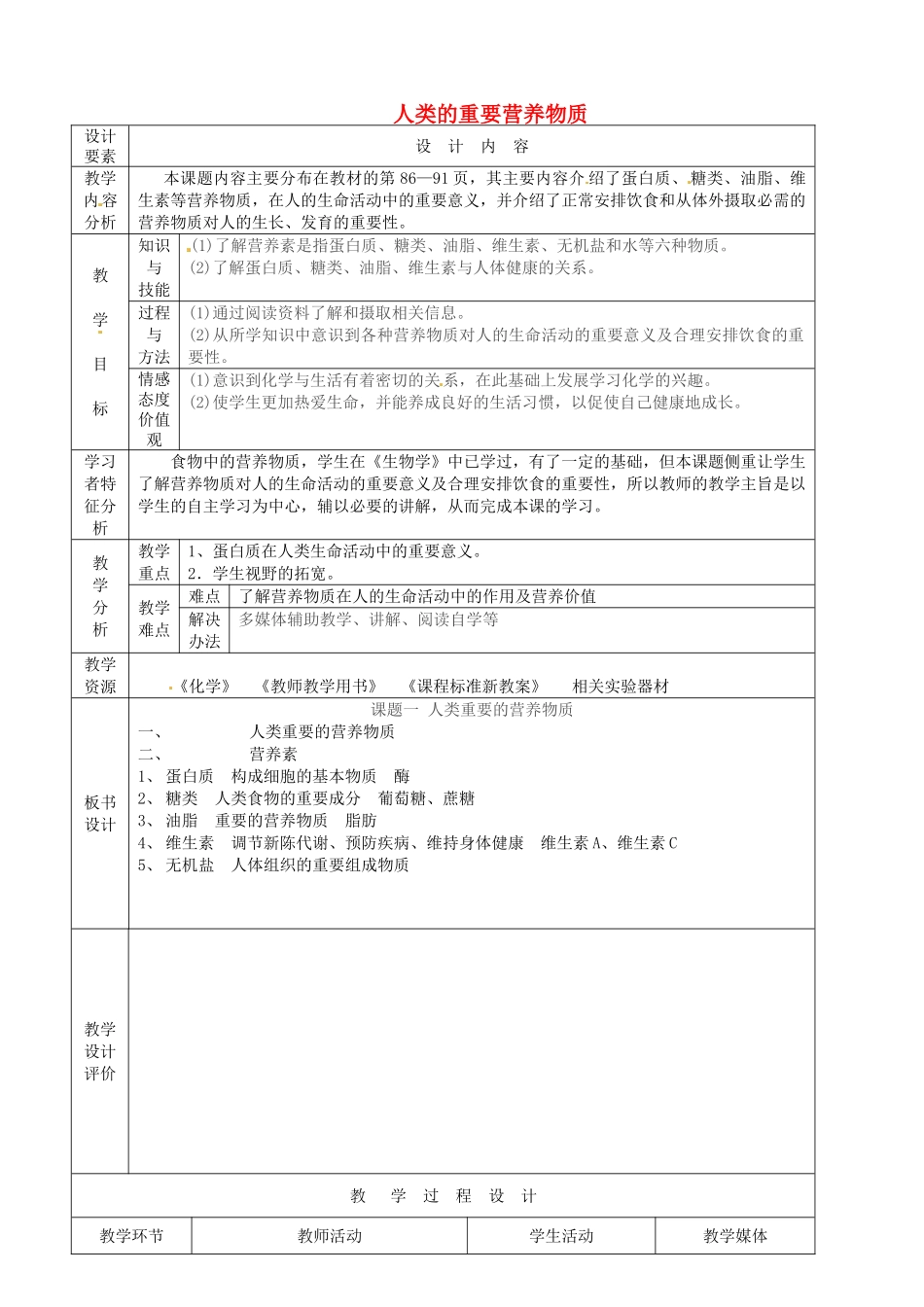 新疆生产建设兵团第五师八十六团第一中学九年级化学上册 人类的重要营养物质教案 新人教版_第1页