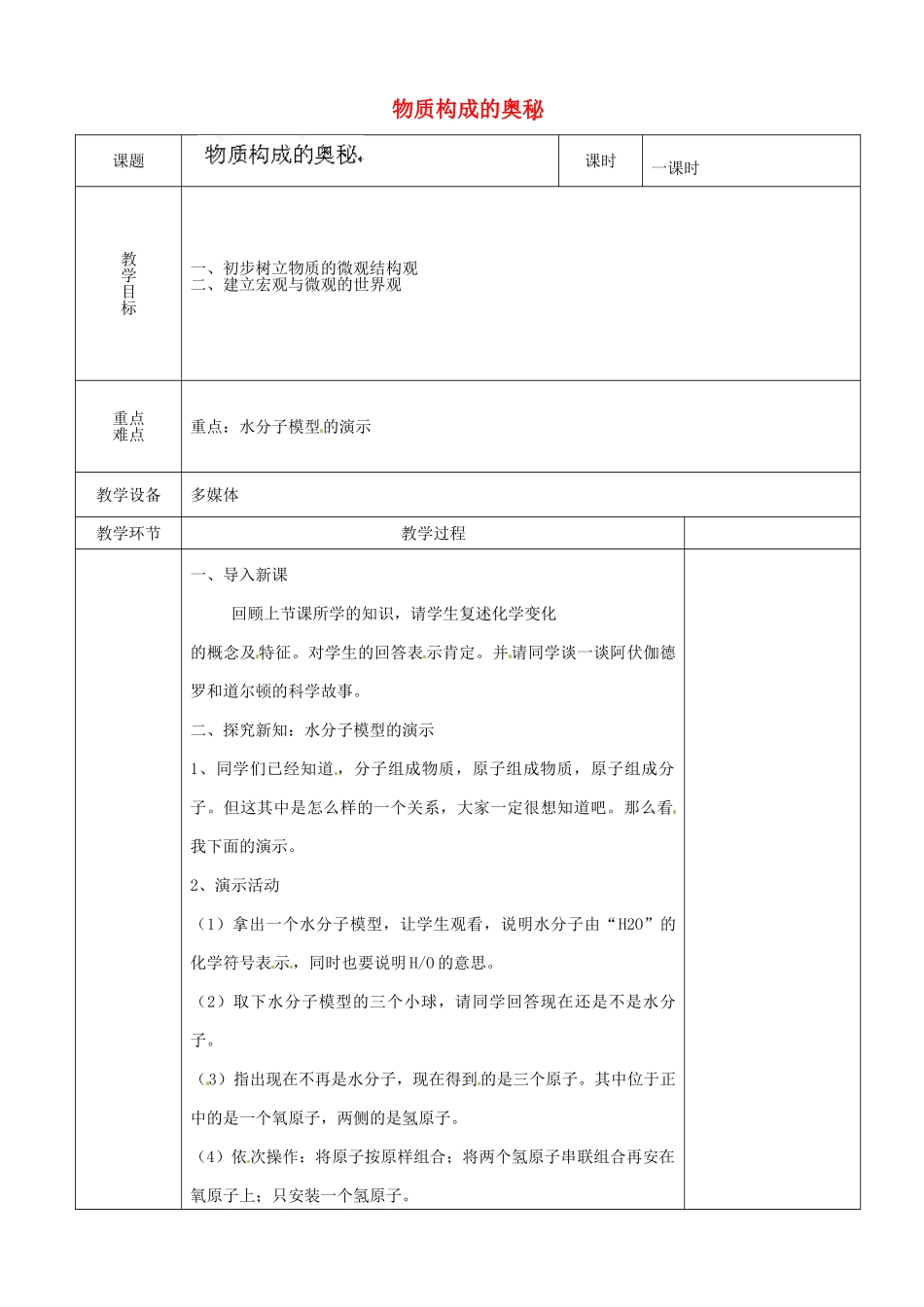 山东省茌平县洪屯中学九年级化学 物质构成的奥秘复习教案_第1页