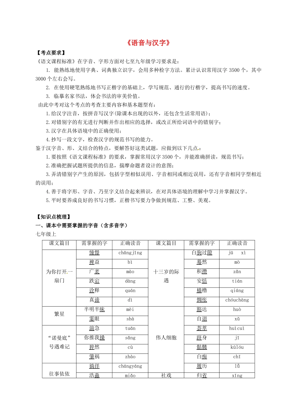 九年级语文复习 语音与汉字 中考语文复习教学案之二(语音汉字）-人教版初中九年级全册语文教学案_第1页