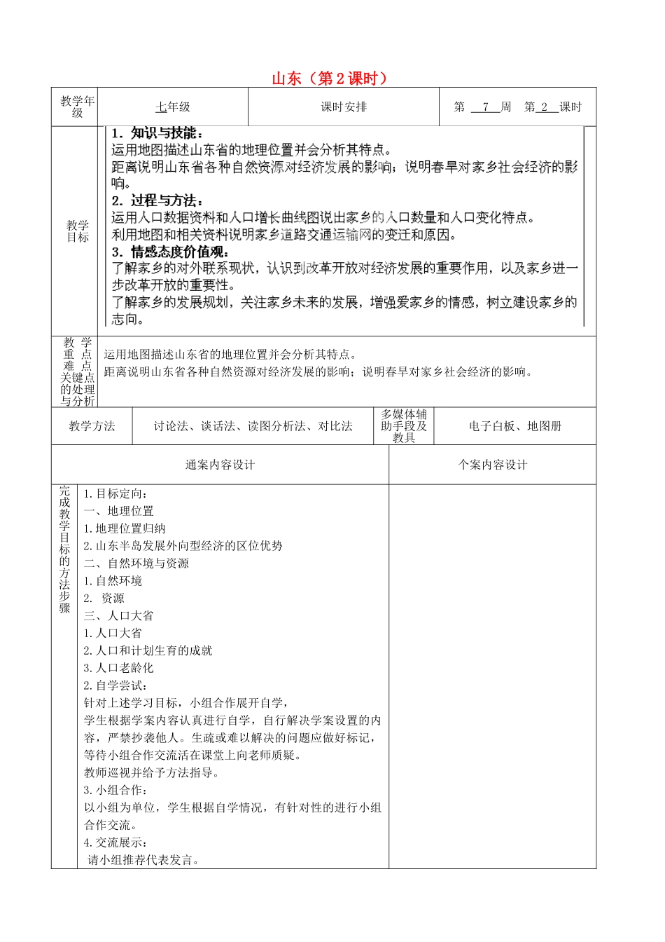 山东省烟台市黄务中学七年级地理下册 5.2 山东（第2课时）教案 新人教版五四制_第1页