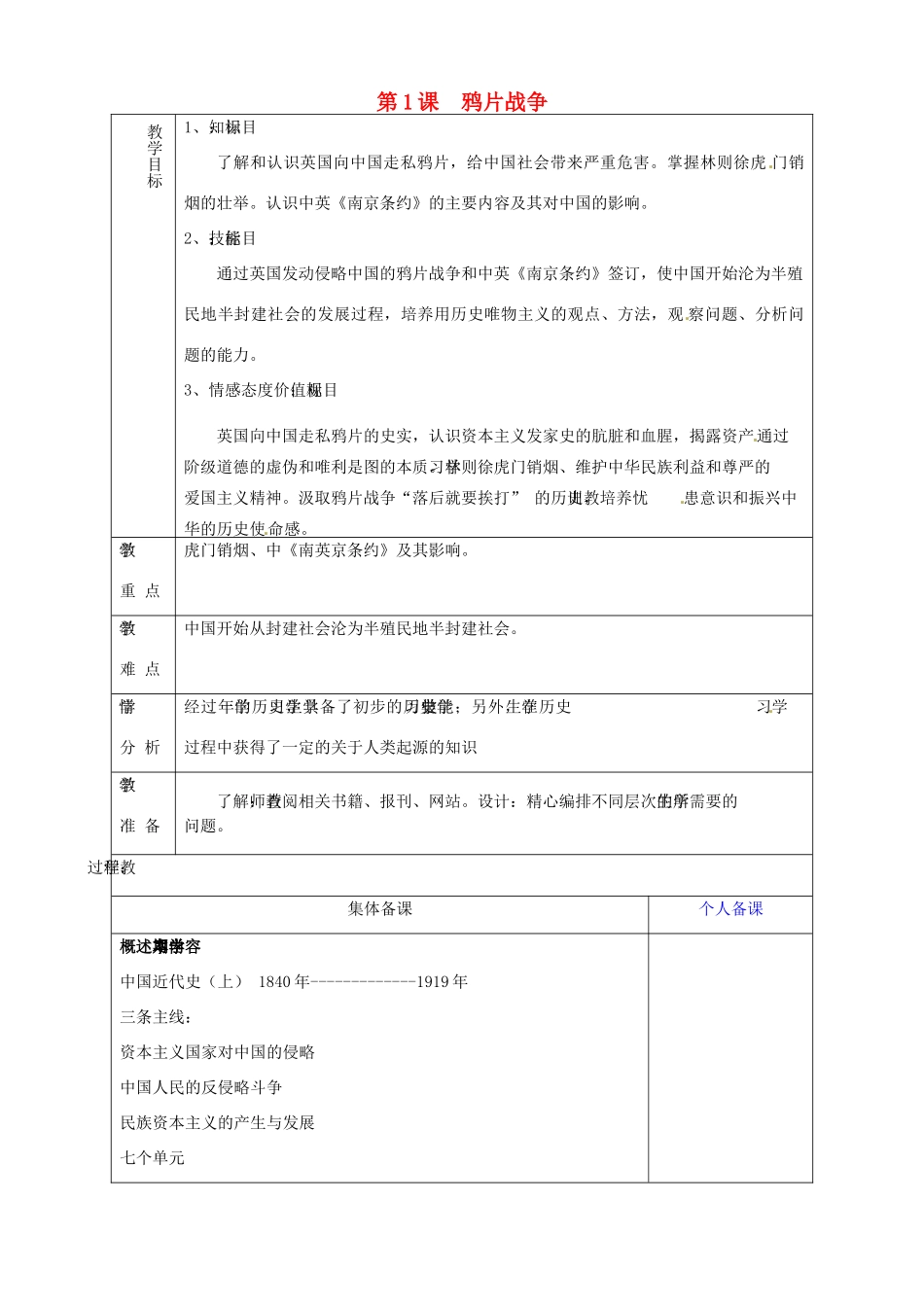 山东省淄博市临淄区第八中学八年级历史上册《第1课 鸦片战争》教案 新人教版_第1页