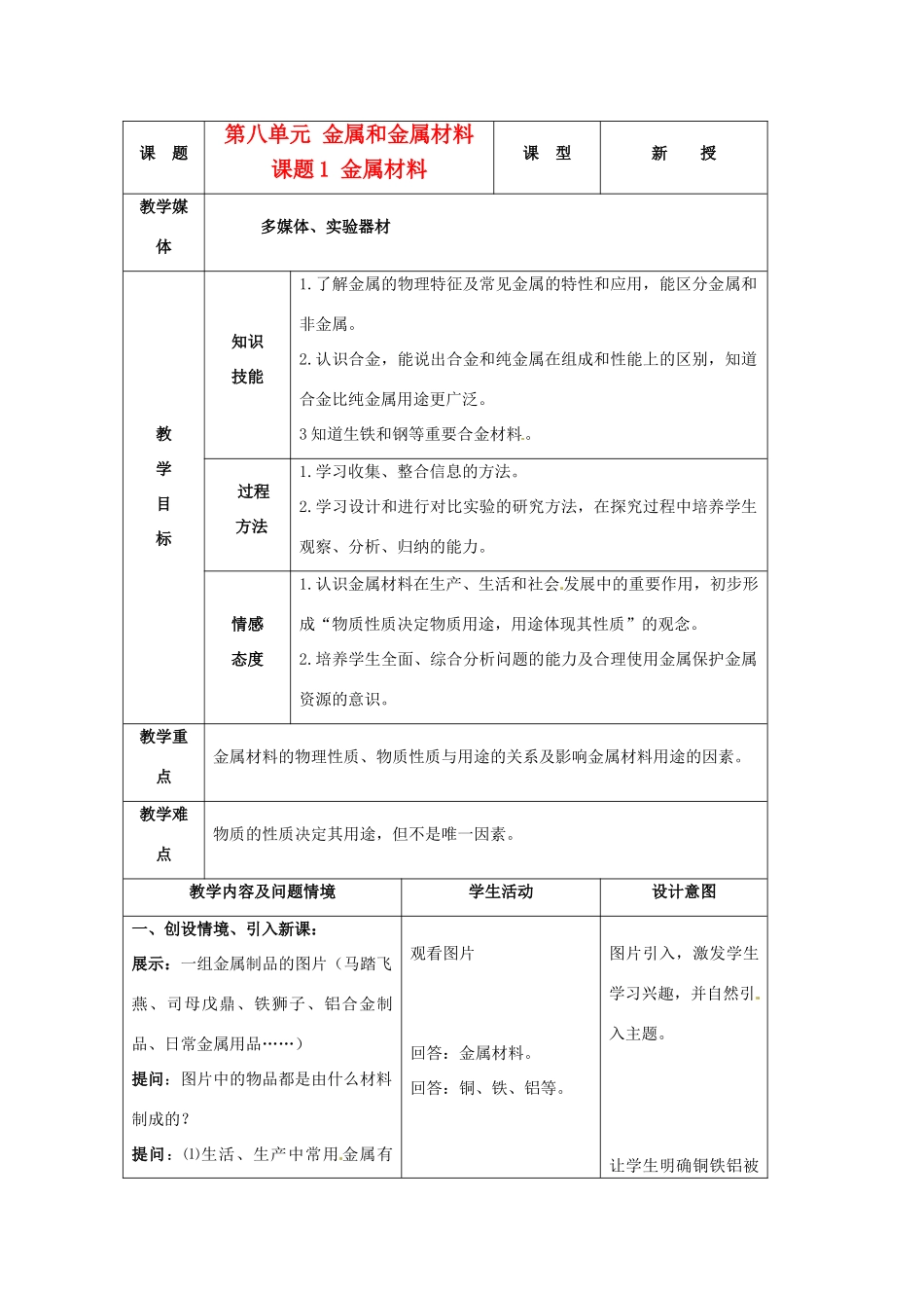 九年级化学下册 8.1金属材料教案 人教新课标版_第1页