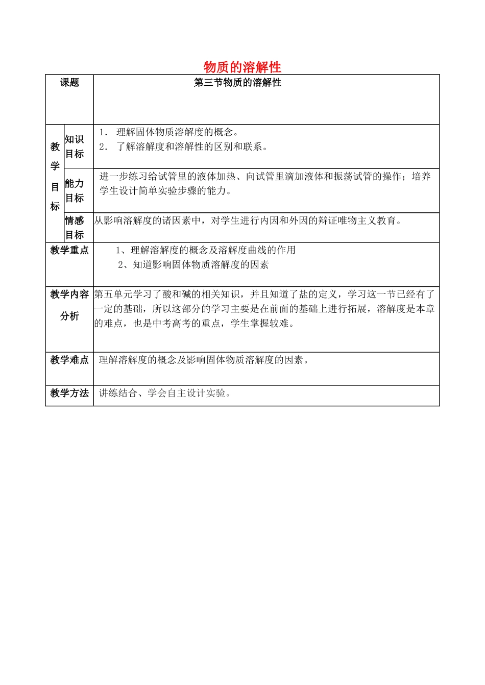 山东省临淄外国语实验学校九年级化学全册《7.3 物质的溶解性》教案 鲁教版五四制_第1页