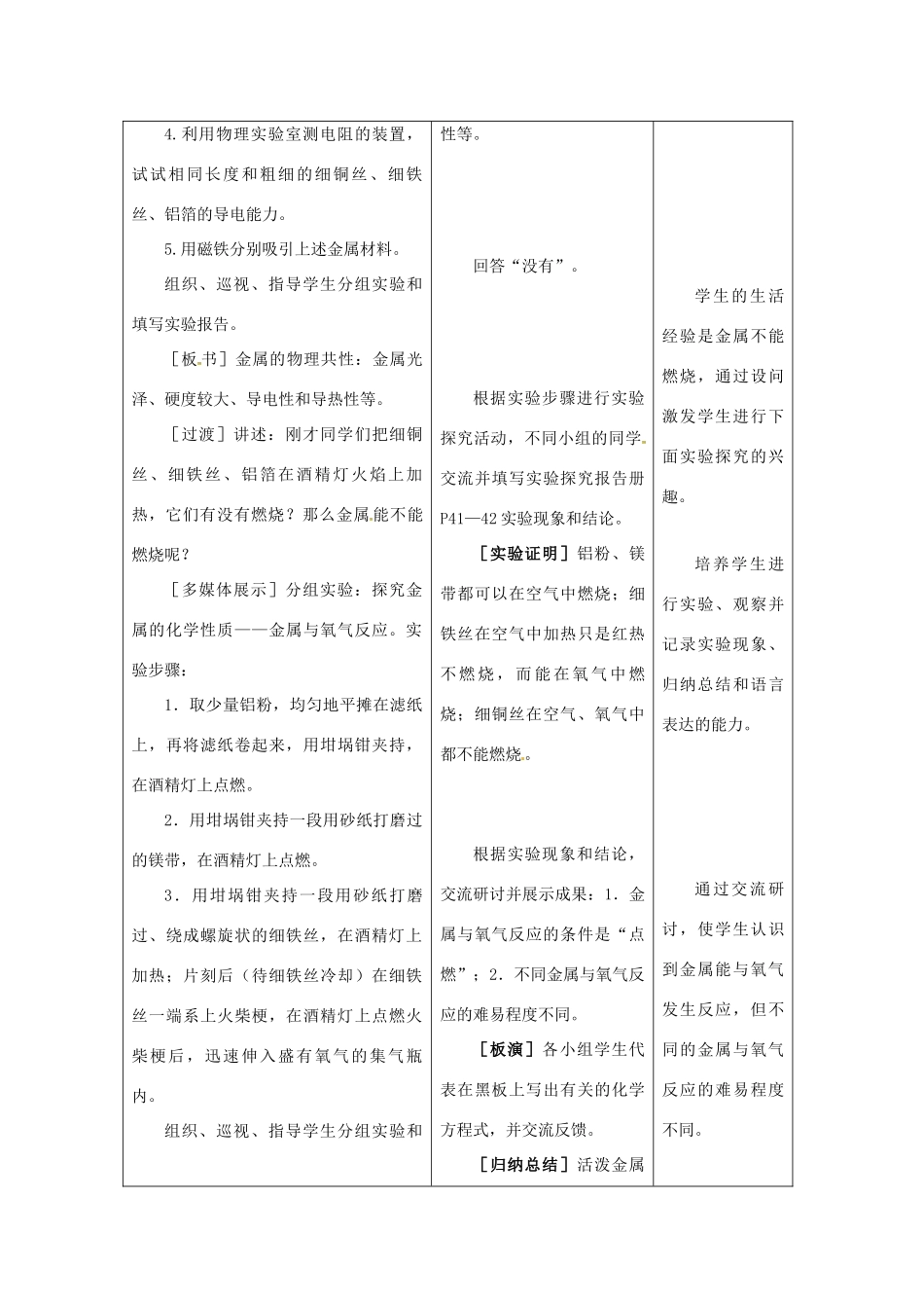 九年级化学全册 4 金属《到实验室去 探究金属的性质》教案 鲁教版五四制-鲁教版五四制初中九年级全册化学教案_第3页