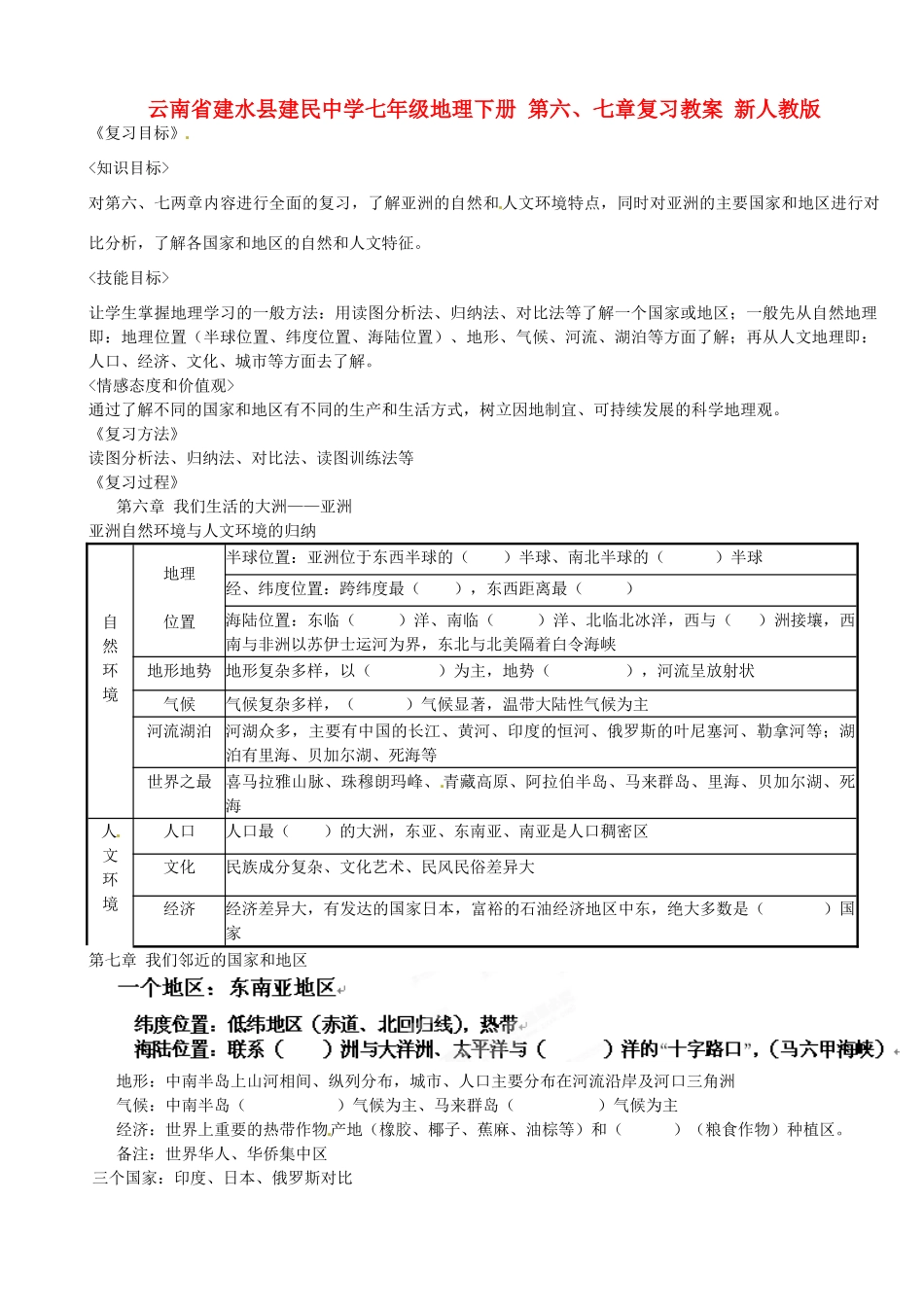 云南省建水县建民中学七年级地理下册 第六、七章复习教案 新人教版_第1页