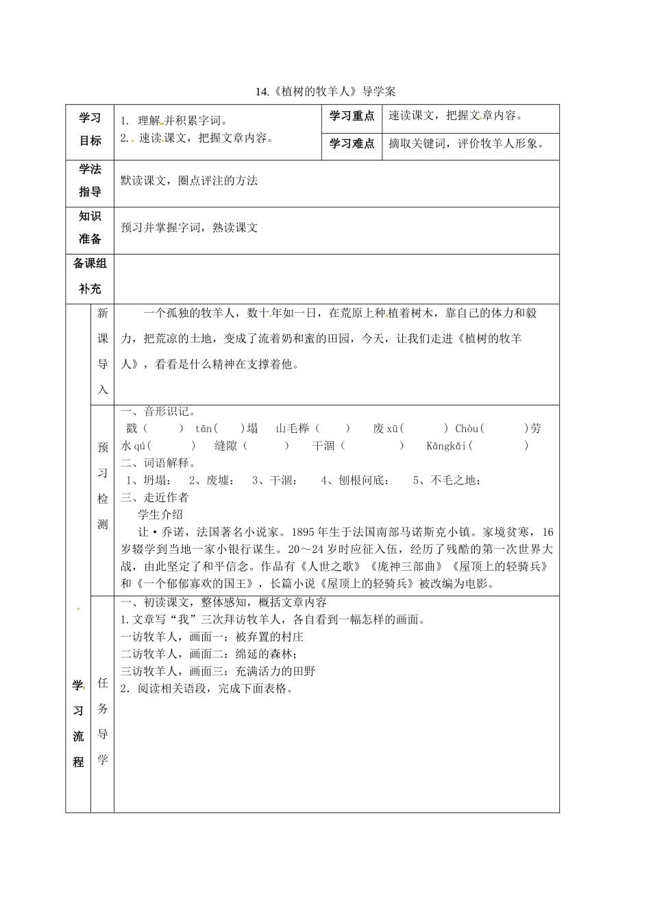 （秋季版）甘肃省定西市七年级语文上册 第四单元 14 植树的牧羊人导学案1 新人教版-新人教版初中七年级上册语文学案_第1页