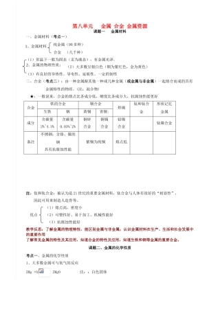九年级化学下册 第八章《金属 合金 金属资源》单元考点知识总结教案 新人教版