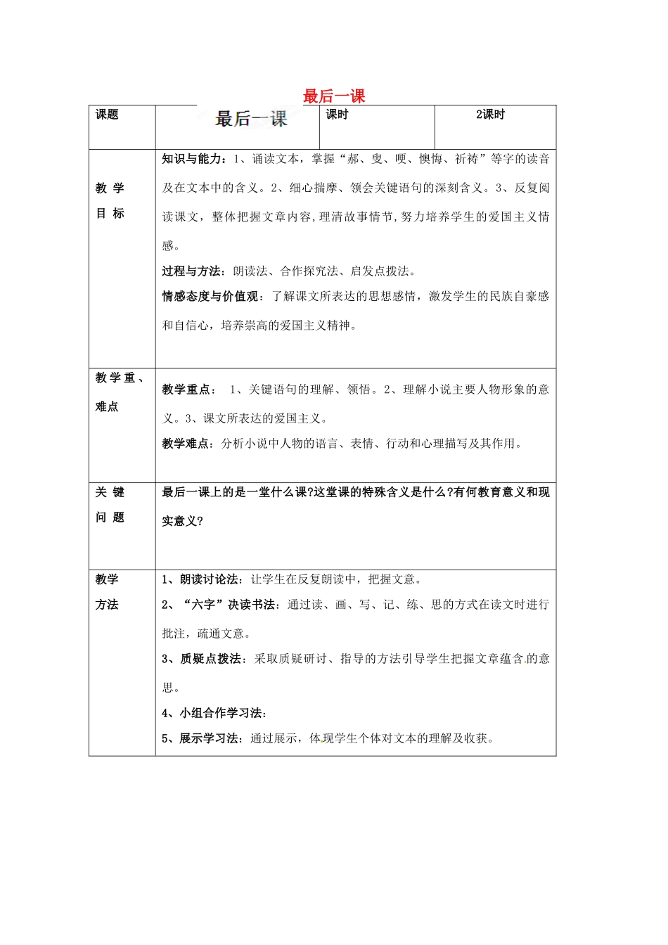 陕西省陇县东风中学七年级语文下册 7 最后一课“一案三单”导学单（无答案） 新人教版_第1页