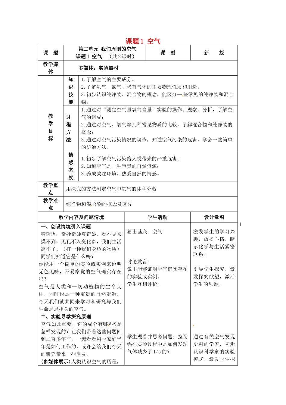 辽宁省开原市第五中学九年级化学上册 第二单元 我们周围的空气 课题1 空气教案 （新版）新人教版_第1页