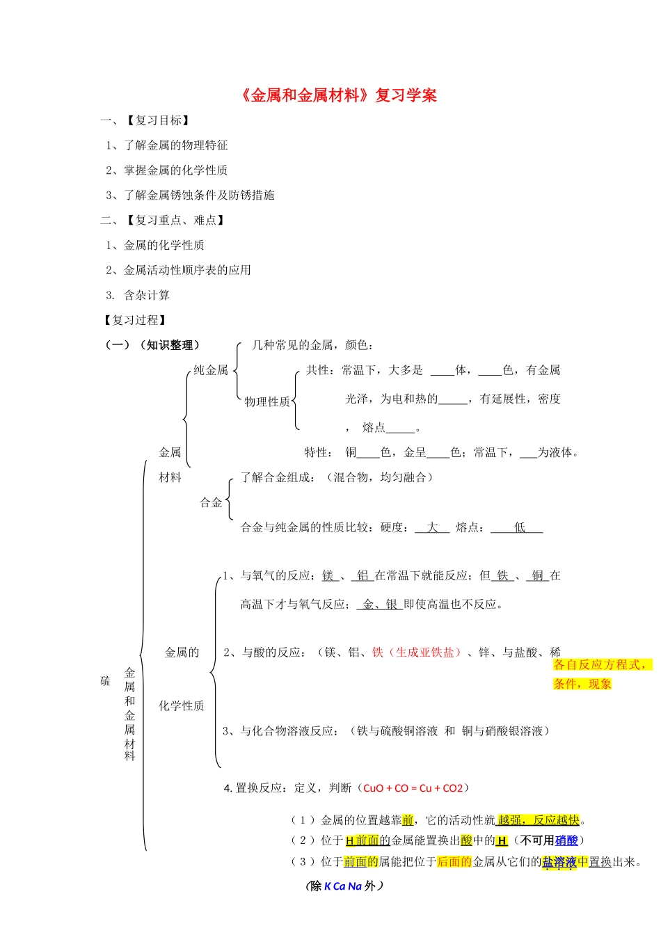 九年级化学下册 第八单元金属与金属材料复习教案 人教新课标版_第1页