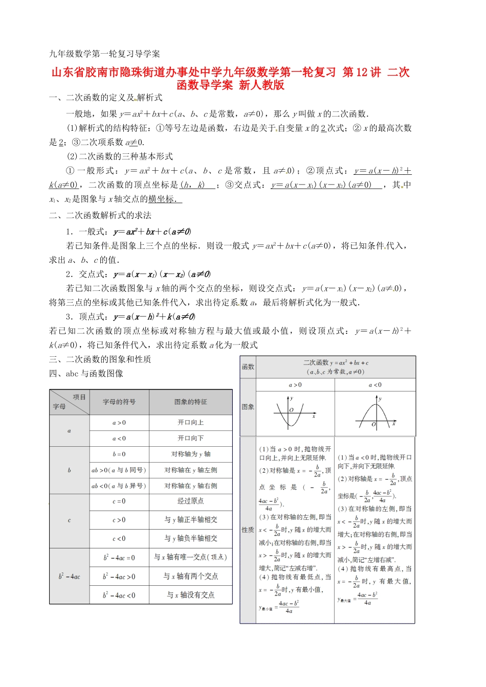 山东省胶南市隐珠街道办事处中学九年级数学第一轮复习 第12讲 二次函数导学案 新人教版_第1页