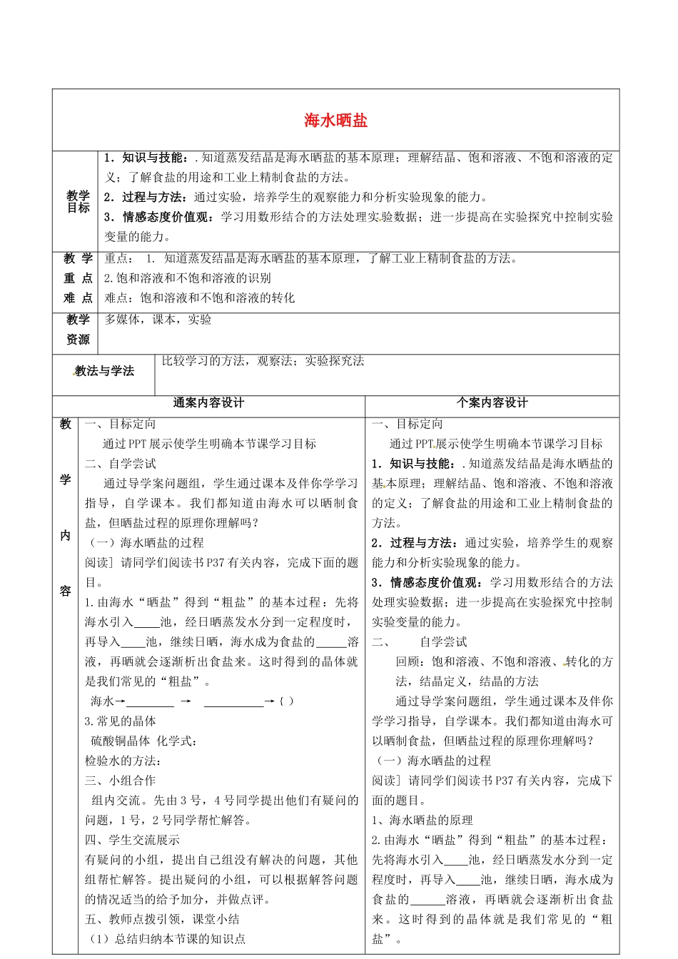 九年级化学全册 3.2 海水晒盐教案 鲁教版五四制-鲁教版五四制初中九年级全册化学教案_第1页