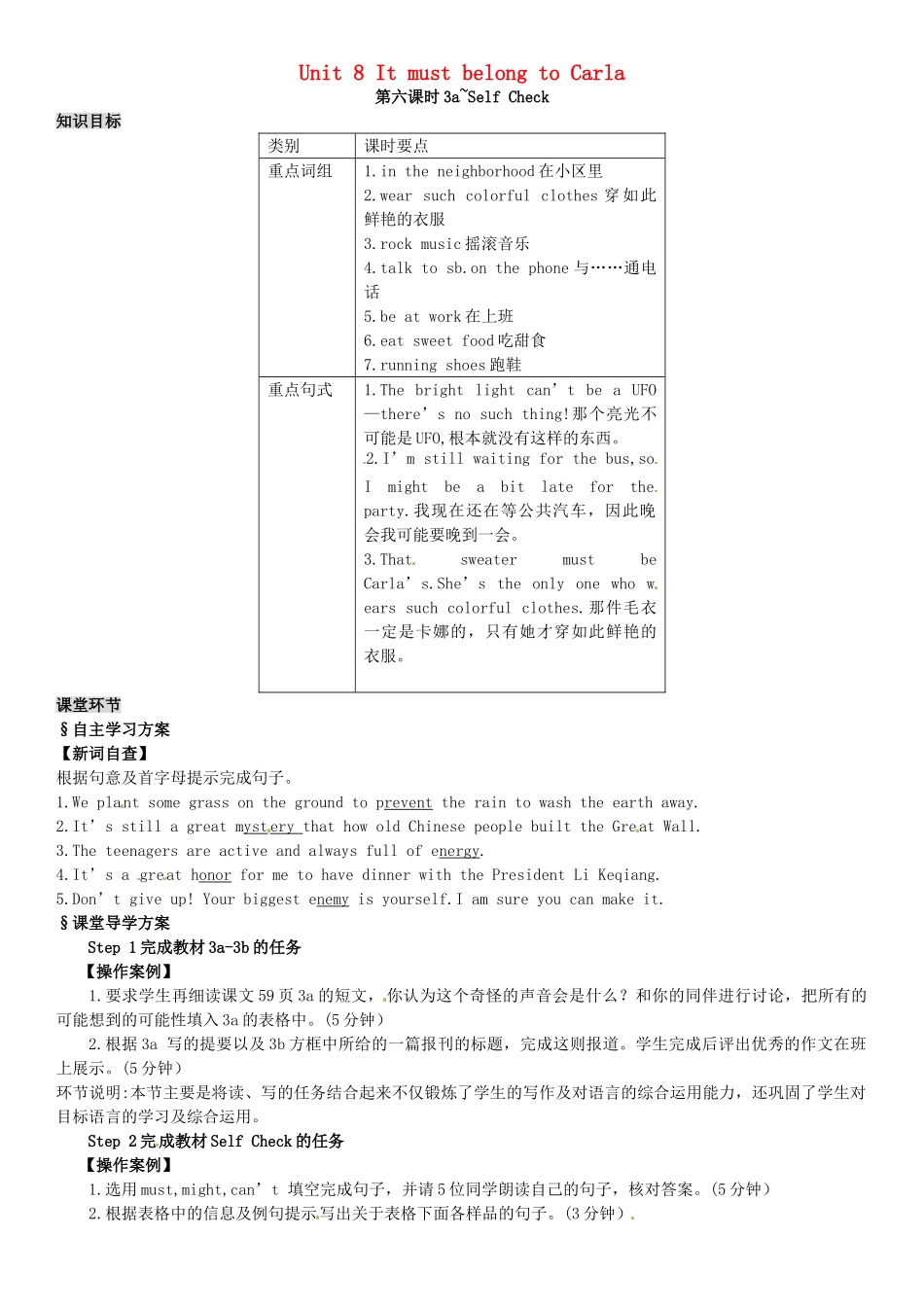 九年级英语全册 Unit 8 It must belong to Carla（第6课时）导学案 （新版）人教新目标版-（新版）人教新目标版初中九年级全册英语学案_第1页