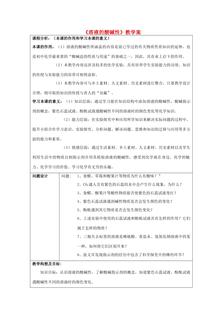 （骨干教师竞赛作品）初中化学《 溶液的酸碱性》教学案_第1页