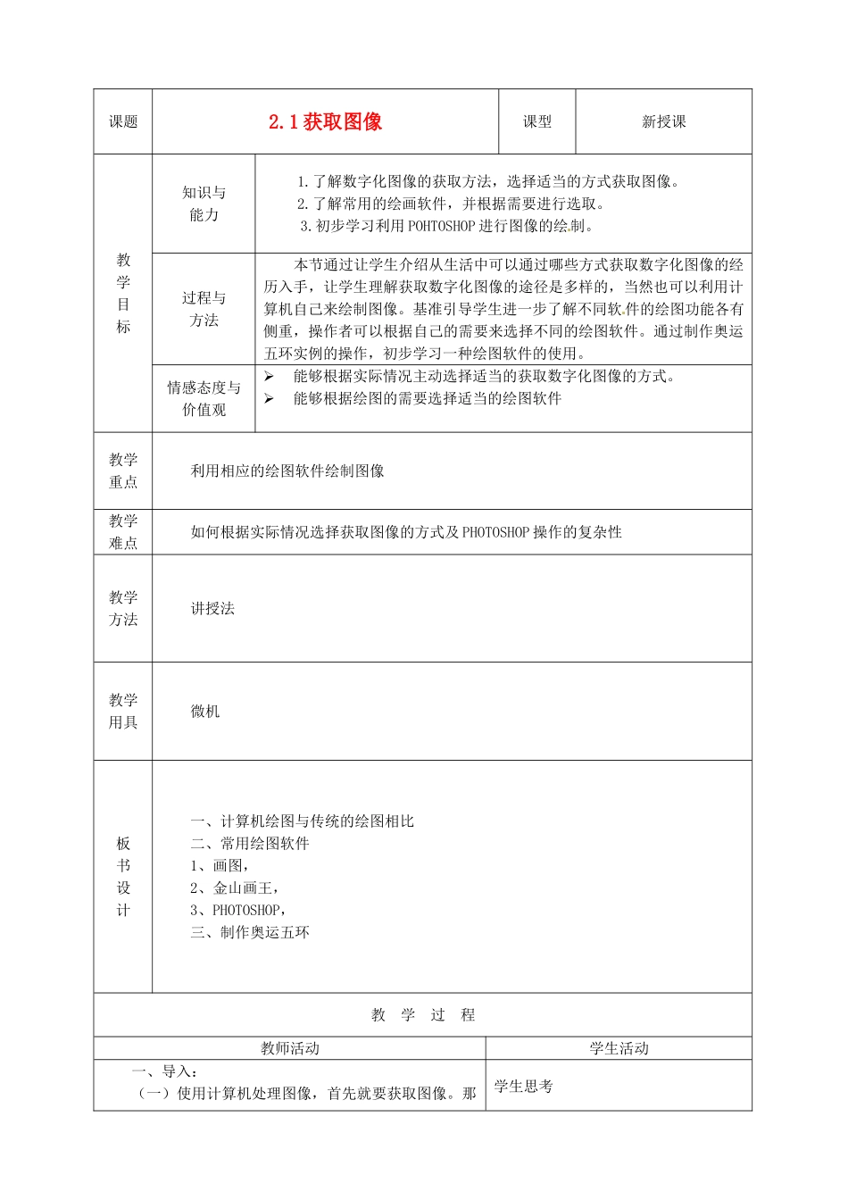 山东省烟台20中中学初中信息技术 2.1《获取图像》教案_第1页