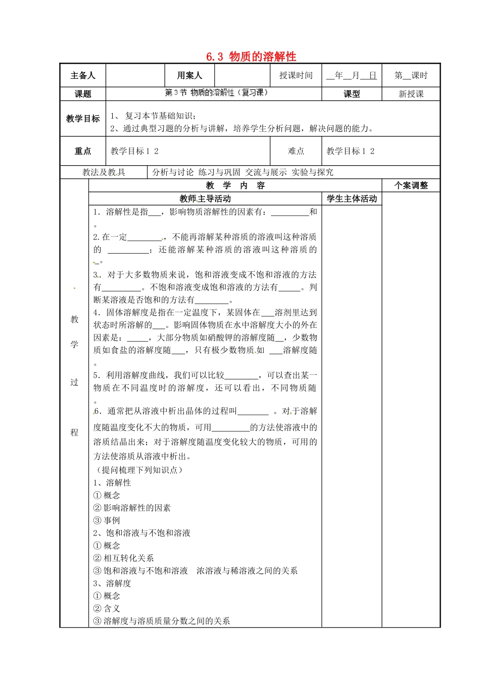 江苏省新沂市第二中学九年级化学下册 6.3 物质的溶解性复习教案 （新版）沪教版_第1页