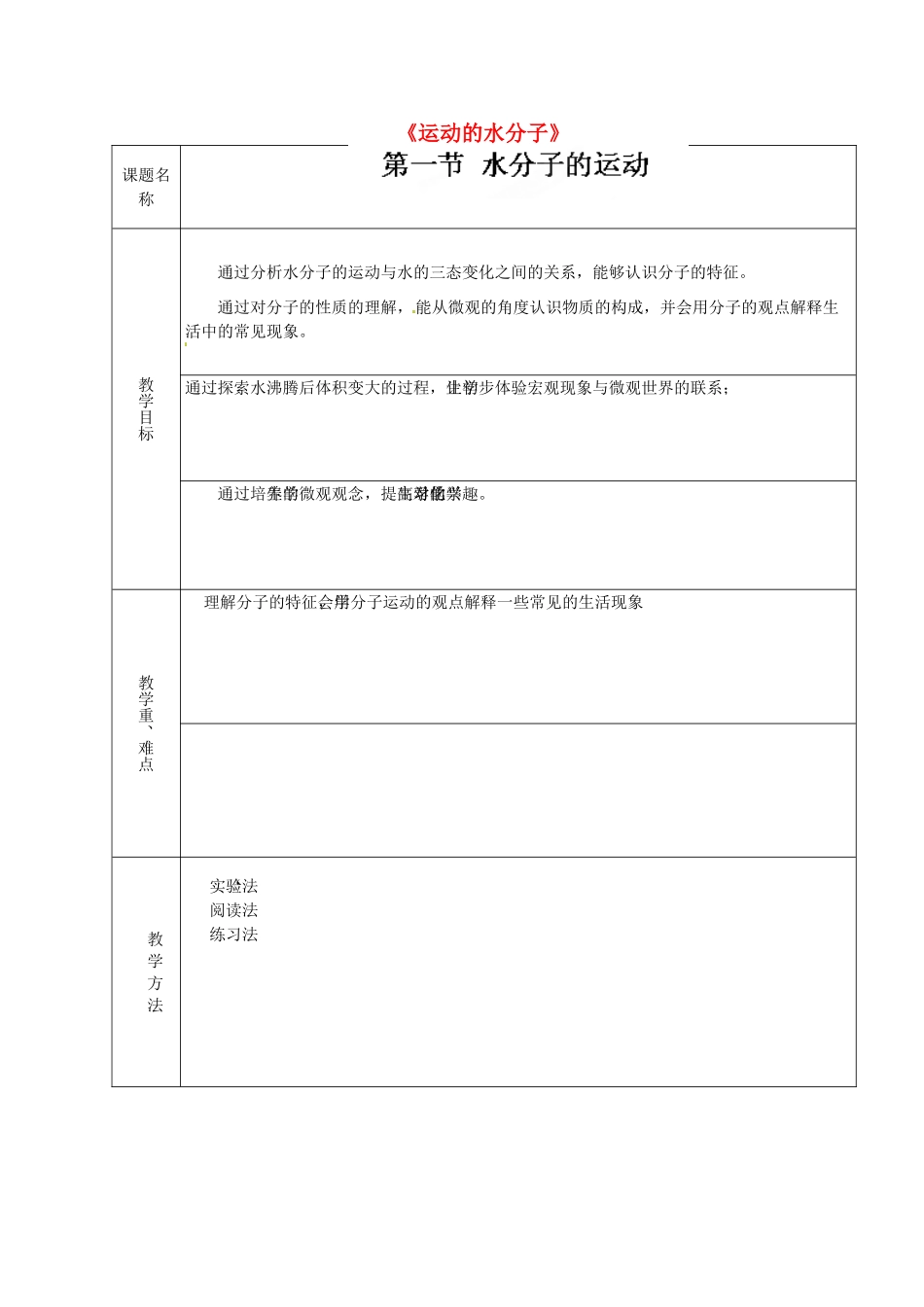 山东省章丘市龙山街道办党家中学九年级化学全册《运动的水分子》教案 鲁教版_第1页