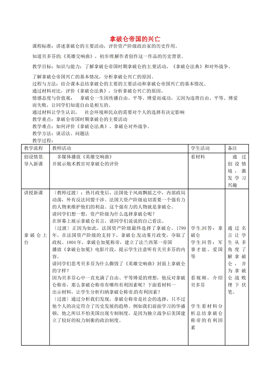 九年级历史上册 第12课 拿破仑帝国的兴亡教案 冀教版-冀教版初中九年级上册历史教案_第1页