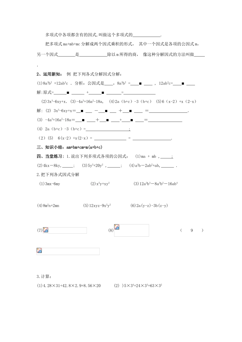 山东省东营市第二中学八年级数学上册 15.4《因式分解-提公因式》学案（无答案） 人教新课标版_第2页