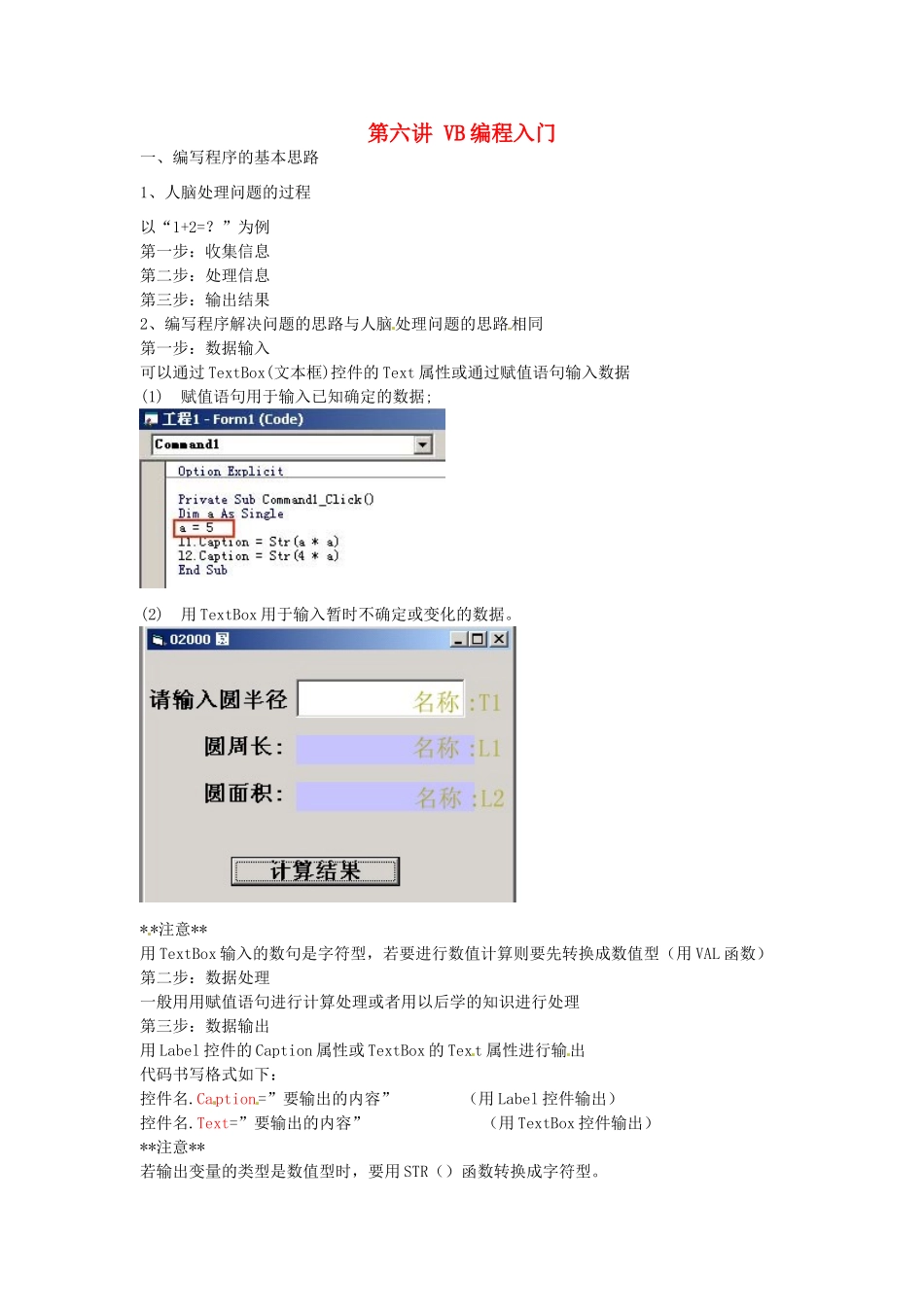 江苏省苏州张家港市一中八年级信息技术《第六讲 VB编程入门》教案_第1页