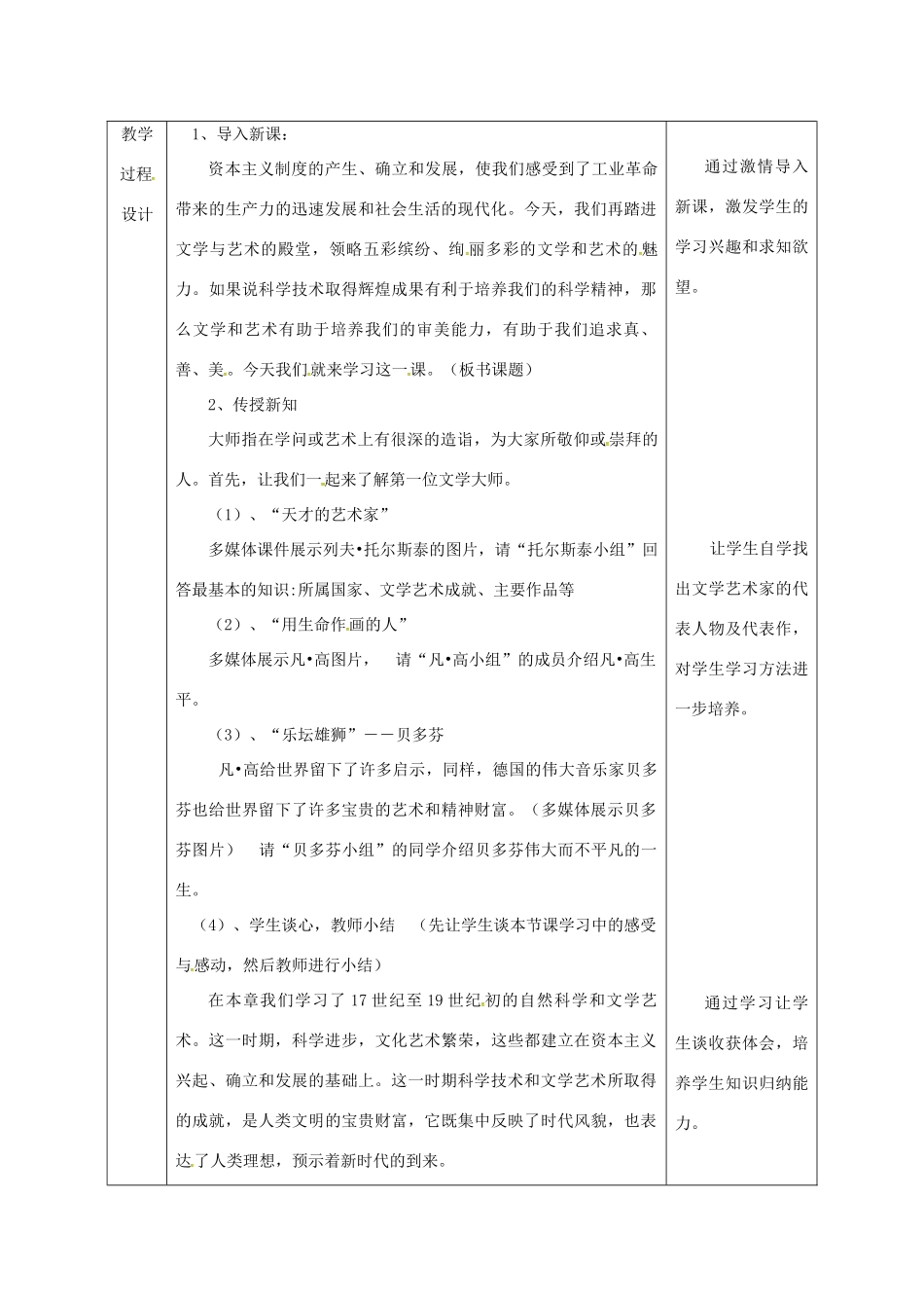 陕西省石泉县九年级历史上册 第四单元 第24课 文学艺术的大师教学设计 北师大版-北师大版初中九年级上册历史教案_第3页