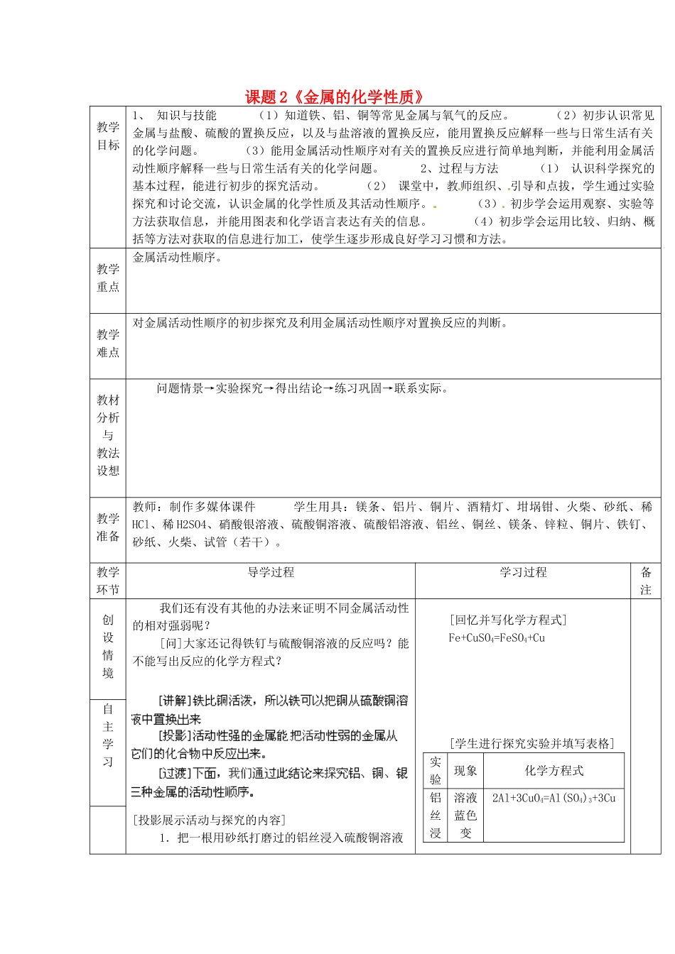 山东省临沂市蒙阴县第四中学九年级化学下册 第八单元 课题2《金属的化学性质》教案 新人教版_第1页