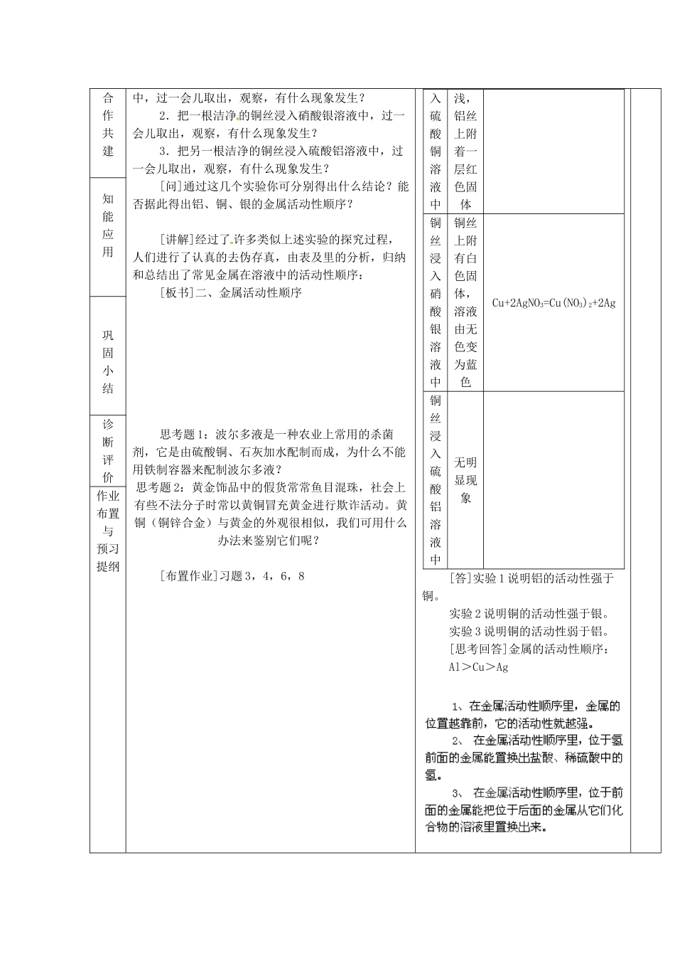 山东省临沂市蒙阴县第四中学九年级化学下册 第八单元 课题2《金属的化学性质》教案 新人教版_第2页