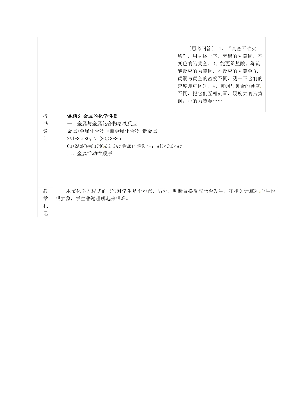山东省临沂市蒙阴县第四中学九年级化学下册 第八单元 课题2《金属的化学性质》教案 新人教版_第3页