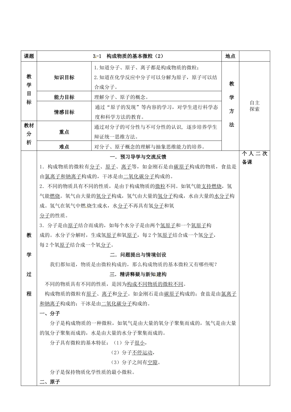 江苏省苏州市太仓市城厢镇九年级化学全册 第三章 物质构成的奥秘 3.1 构成物质的基本微粒教案2 （新版）沪教版-（新版）沪教版初中九年级全册化学教案_第2页