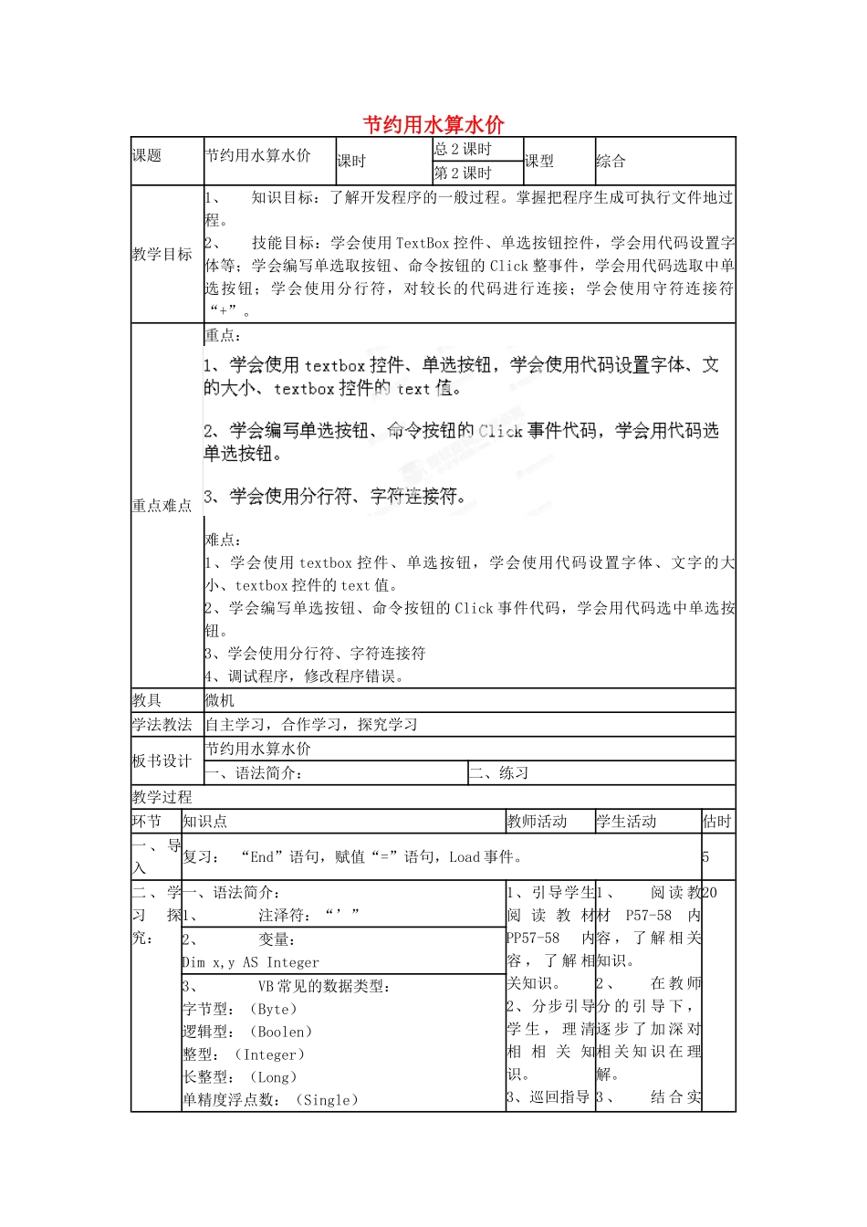 山东省郯城第三中学初中信息技术 节约用水算水价教案2_第1页