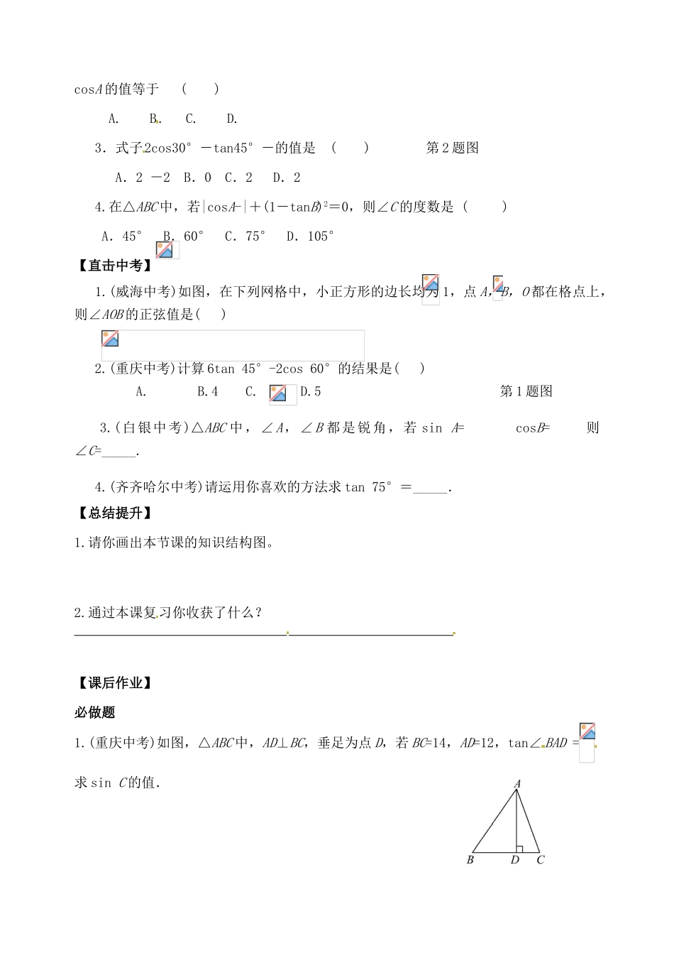 山东省郯城县红花镇中考数学专题复习 专题五（22-1）锐角三角函数学案-人教版初中九年级全册数学学案_第2页