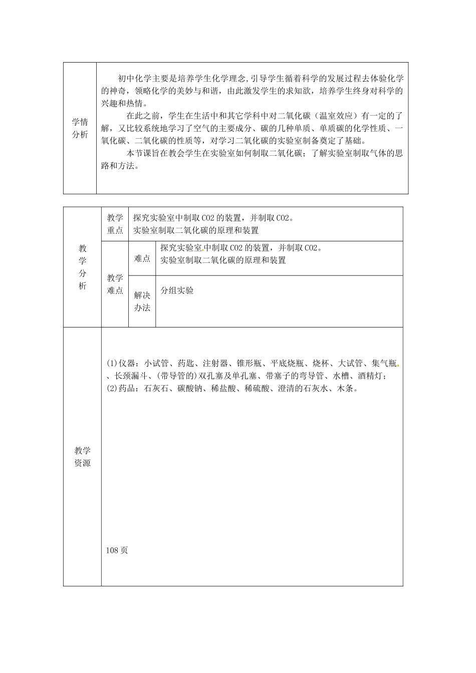 新疆兵团第五师八十八团学校九年级化学上册 二氧化碳制取和研究教案 新人教版_第2页