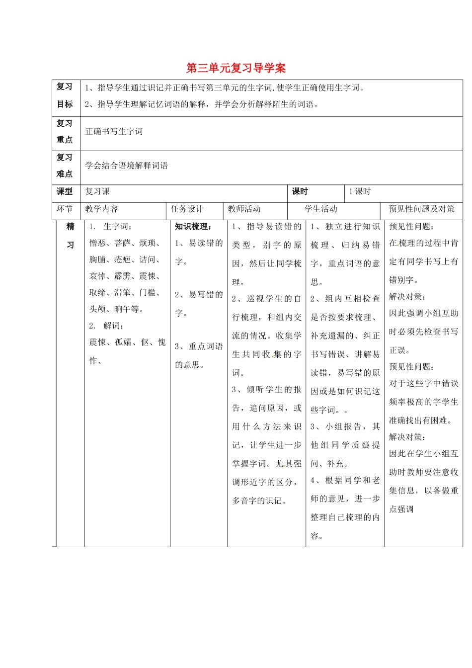 （秋季版）吉林省通化市七年级语文下册 第三单元复习导学案 新人教版-新人教版初中七年级下册语文学案_第1页