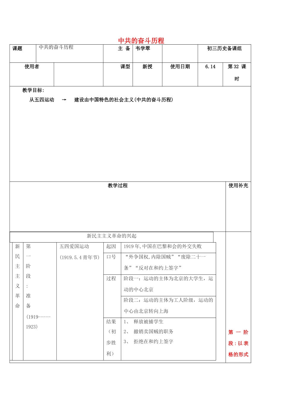 江苏省中考历史复习 第32课时 中共奋斗史历程教案-人教版初中九年级全册历史教案_第1页