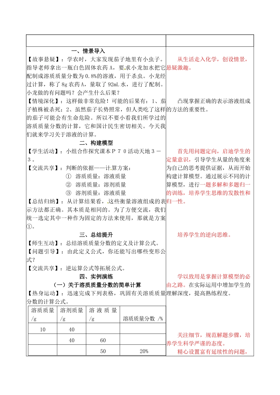 山东省临淄外国语实验学校九年级化学全册《7.2 溶液组成的定量表示（第1课时）》教案 鲁教版五四制_第2页