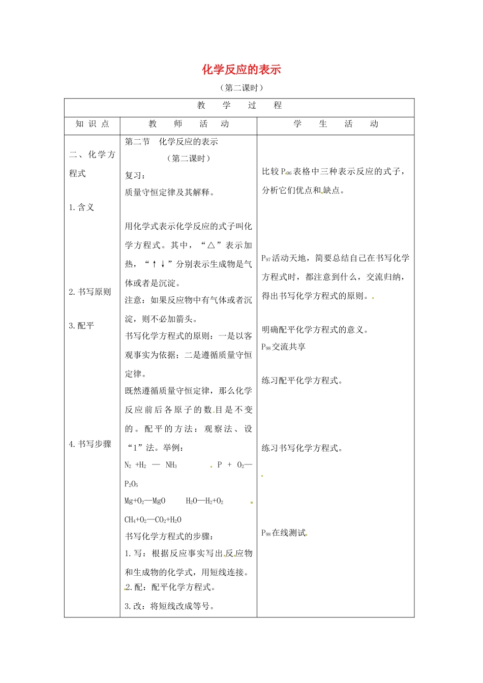 辽宁省沈阳市第四十五中学九年级化学全册 第五单元 第二节 化学反应的表示教案2 （新版）鲁教版_第1页