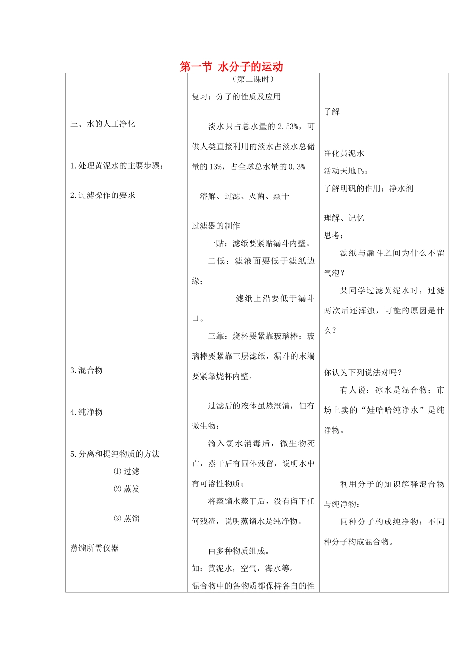 九年级化学全册 第二单元《探秘水世界》第一节 水分子的运动（第2课时）教案 鲁教版_第1页