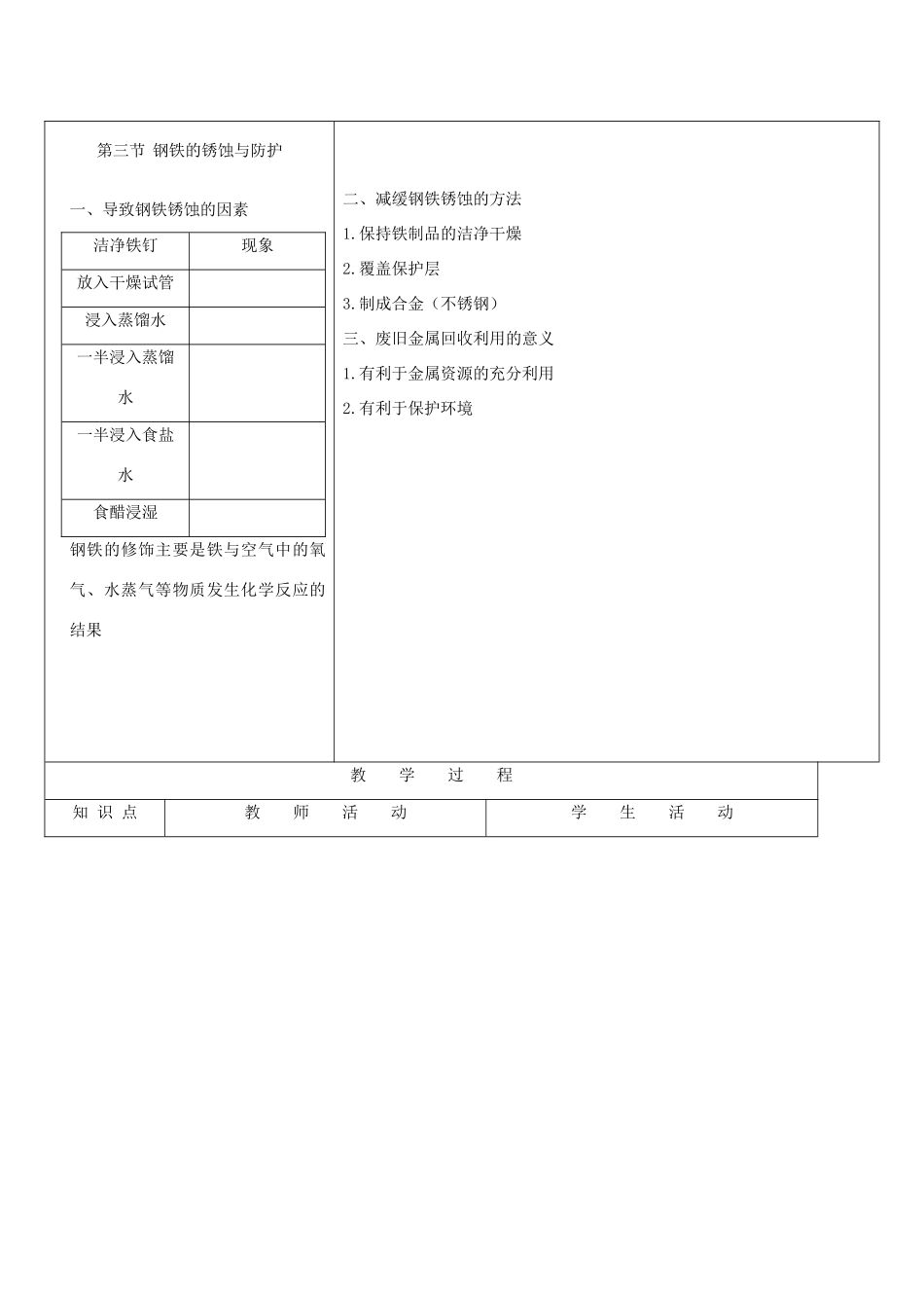 九年级化学全册 第九单元《金属》第三节 钢铁的锈蚀与防护教案 鲁教版_第2页