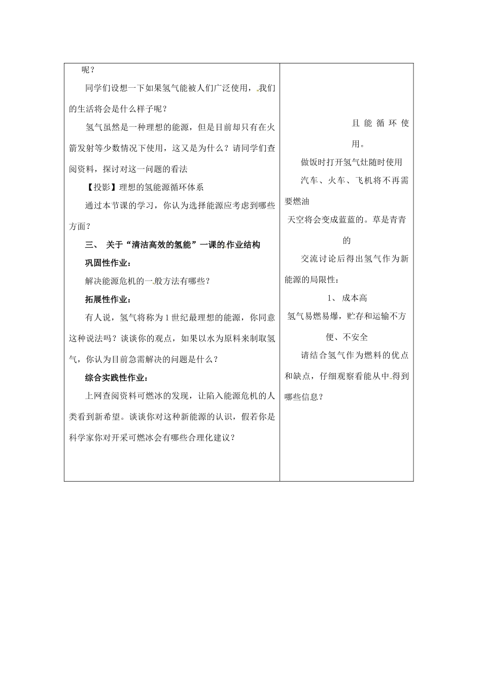 山东省烟台20中九年级化学《对能源领域现状的认识之清洁高效的氢能》教案 _第3页
