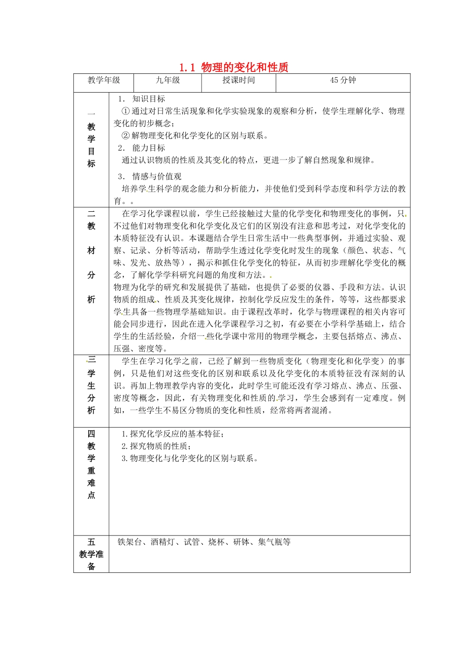 山东省惠州市惠东县梁化中学九年级化学上册 1.1 物理的变化和性质教案2 新人教版_第1页