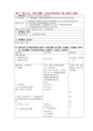 江苏省泰州市永安初级中学九年级化学下册 第十一单元 盐、化肥 课题1 生活中常见的盐（第二课时）教案 （新版）新人教版