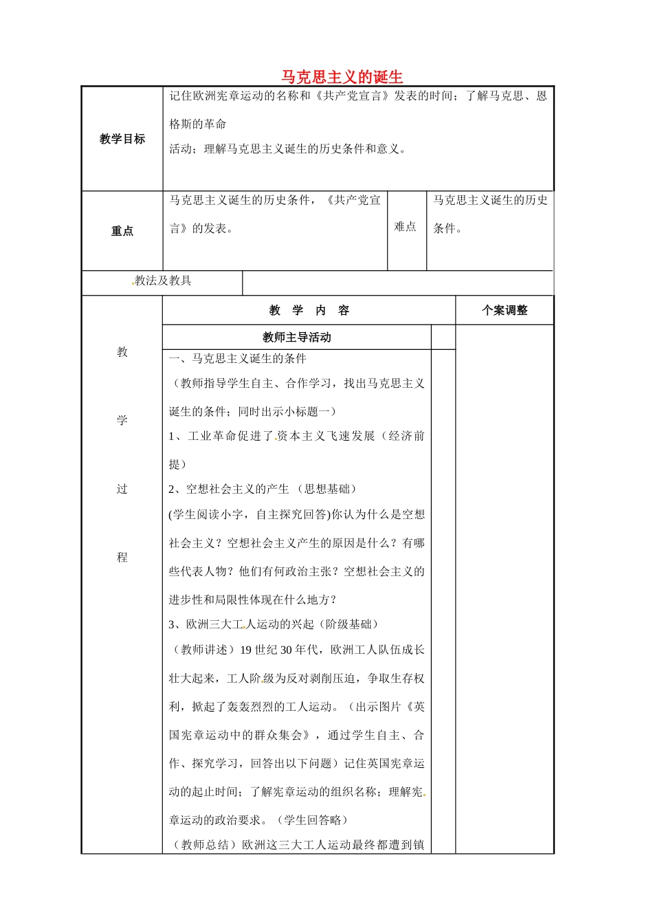 江苏省新沂市第二中学九年级历史上册 22 马克思主义的诞生教案 川教版_第1页