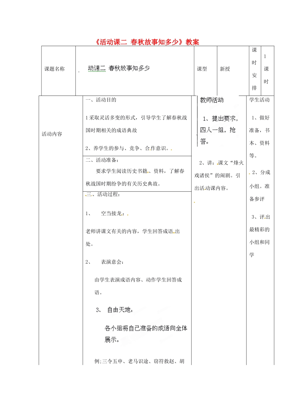 辽宁省开原市第五中学七年级历史上册《活动课二 春秋故事知多少》教案 （新版）新人教版_第1页