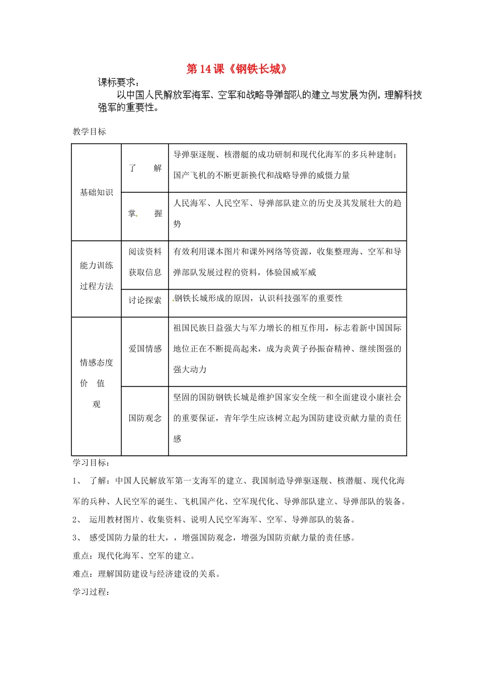 内蒙古乌拉特中旗二中八年级历史下册 第14课 钢铁长城教案 新人教版_第1页