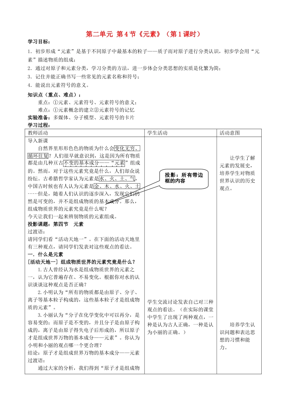 山东省枣庄市第31中九年级化学全册 第二单元 第4节《元素》（第1课时）教案 鲁教版_第1页