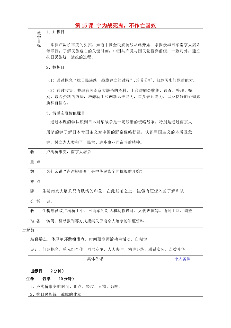 山东省淄博市临淄区第八中学八年级历史上册《第15课 宁为战死鬼，不作亡国奴》教案 新人教版_第1页