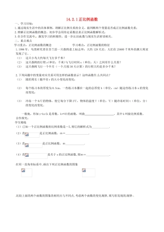 云南省玉溪市红塔区洛河民族中学八年级数学《14.2.1正比例函数》学案 北师大版