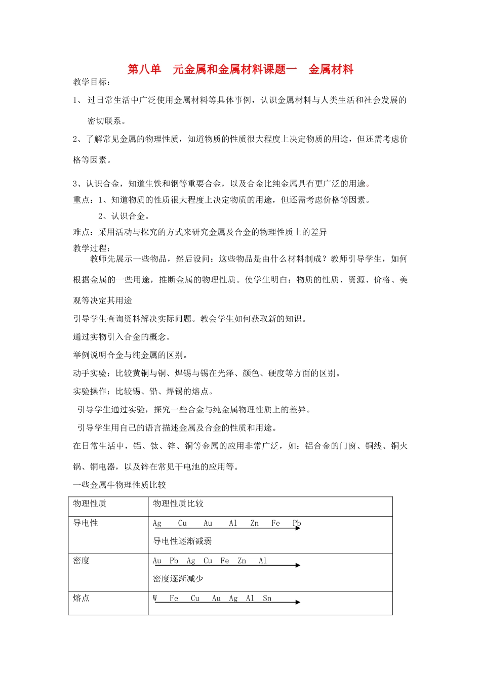 九年级化学下册 第八单元金属和金属材料教案 人教新课标版_第1页