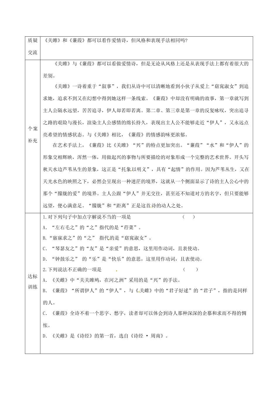 天津市滨海新区九年级语文下册 第六单元 24《诗经》两首导学案 （新版）新人教版-（新版）新人教版初中九年级下册语文学案_第2页