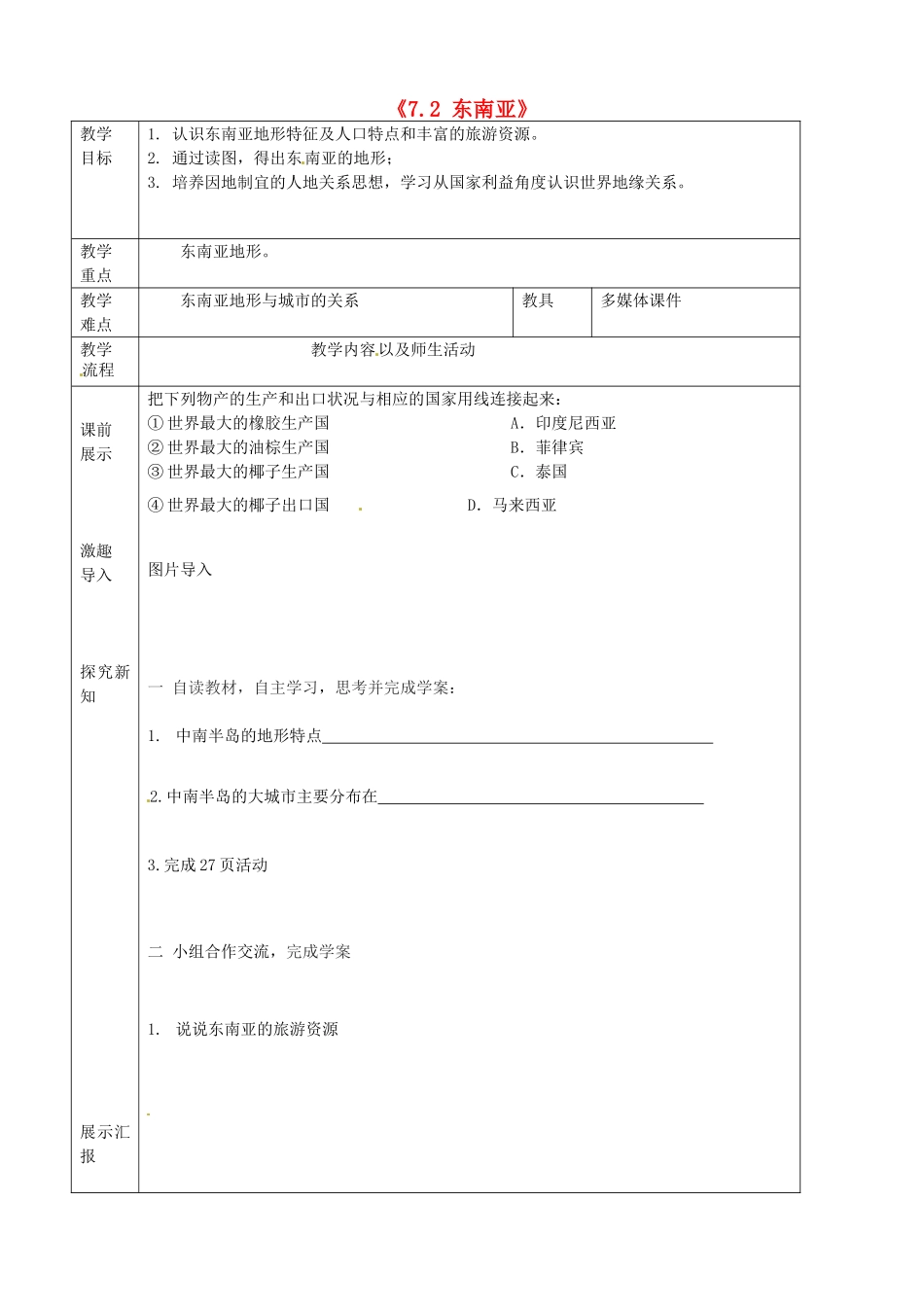 辽宁省抚顺市第二十六中学七年级地理下册《7.2 东南亚》教学案2 新人教版_第1页